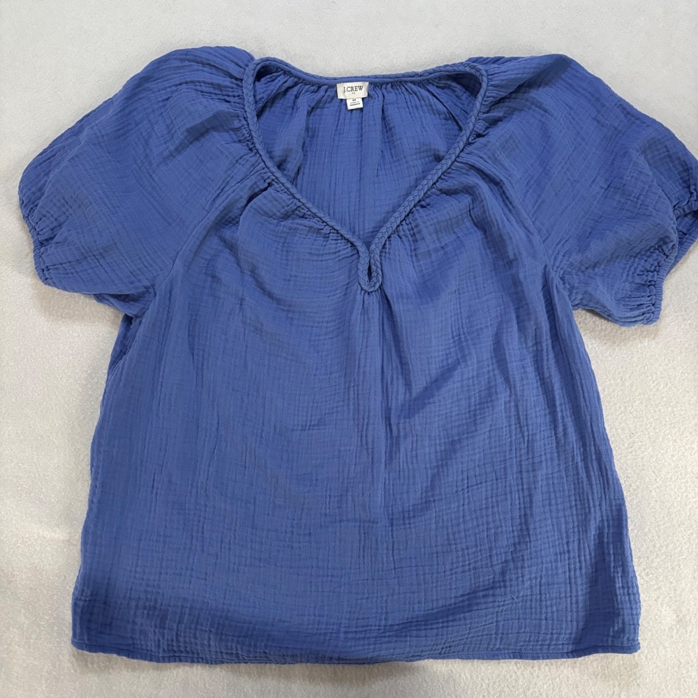 J.Crew Blue Cotton Double Gauze Braided V-Neck Puff Sleeve Blouse Top Medium